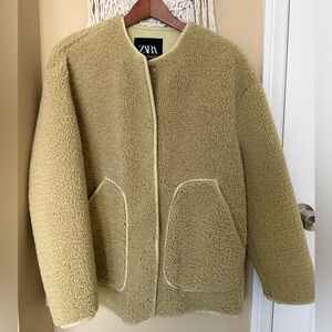 Zara Women's Khaki Fleece Teddy Jacket - XS